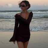 MQTIME  -  Women's Solid Color Square Neck See-theough Mesh Long Flare Sleeve Drawstring Pleated Halter Neck Short Mini Dress