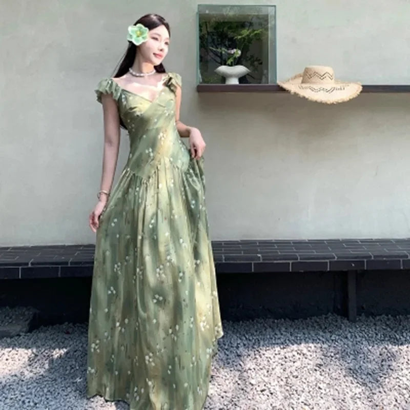 MQTIME  -   Floral Flying Sleeve Chiffon Dress Women French Summer Beach V Neck Sexy Long Dress Casual Fashion Vacation Elegant Simple Dress