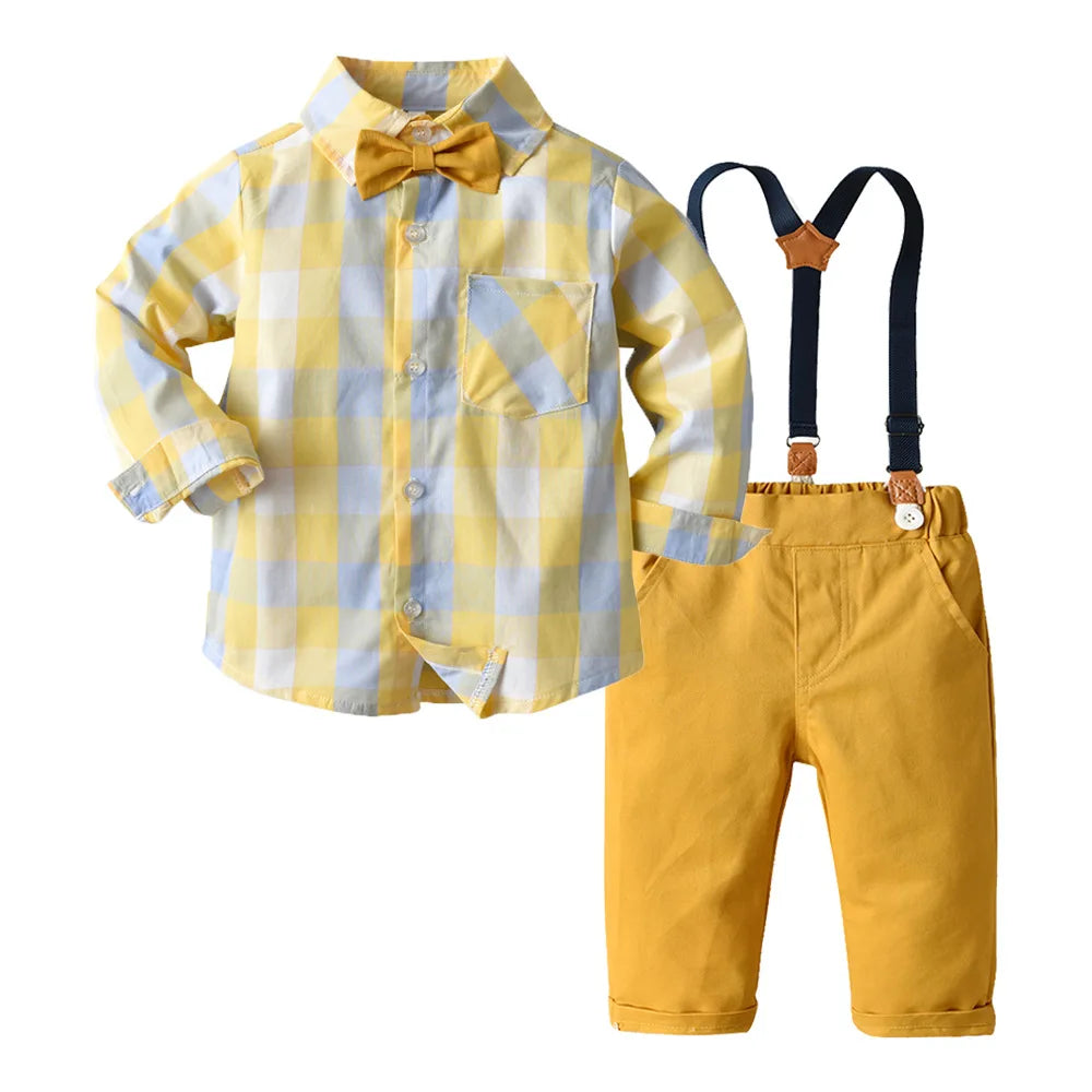 MQTIME  -  Boy Formal Suit Party Wear Spring 1 2 3 4 5 6 Years Kids Clothing Outfit Plaid Shirt Pants Suspender Boys Clothes Set