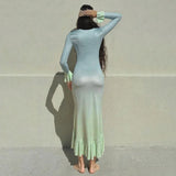 MQTIME  -  Gradient Color Flared Sleeve Women's Evening Dress Deep-V Neck Pleated Bandage Gown Blue Slim Party Skirt New Arrival In Stock