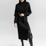 MQTIME  -  Ribbed Knitted Midi Dress Women Fashion High Neck Full Sleeve Side Slit Dresses 2025 Autumn Winter Female Daily Casual New Robe