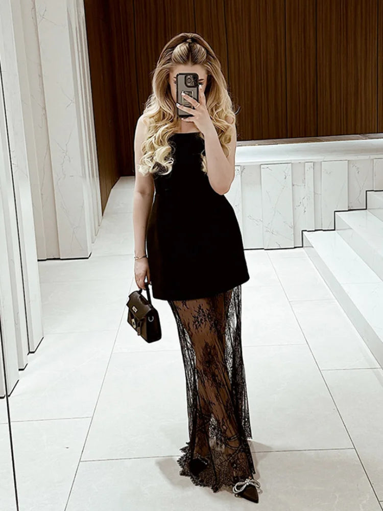 MQTIME  -  Elegant Tube Top Lace Long Skirts Sets Women Strapless Sleeveless Slim Tops See Through Skirt 2025 Summer Chic Lady Party Outfit