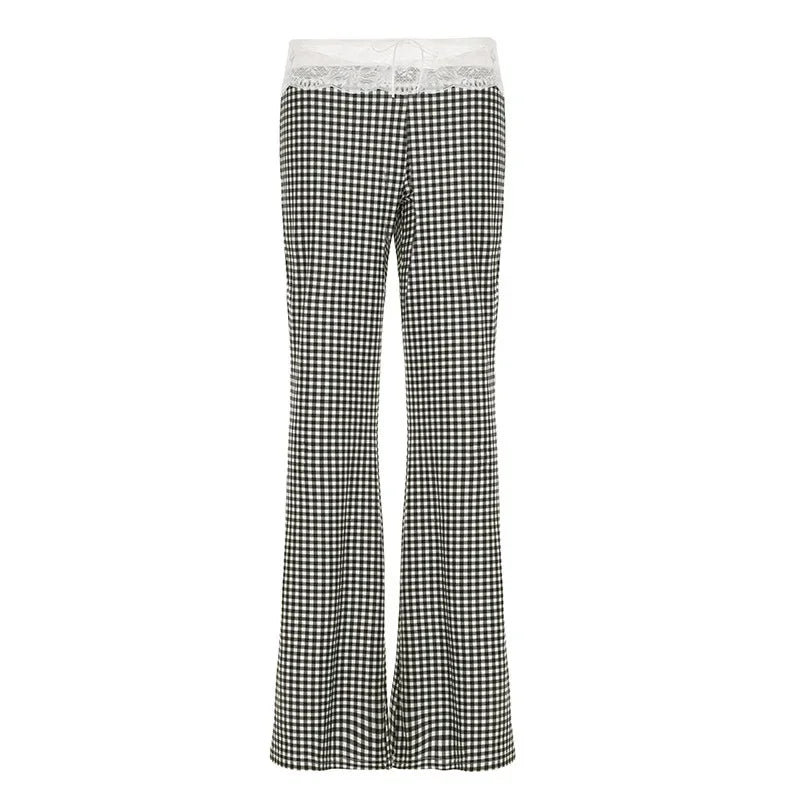 MQTIME  -  New Plaid Lace Flare Pants Sets Patchwork Elegant Women Casual Two Piece Suit Streetwear Sweet Tank Top Autumn Slim Fit Set