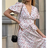 MQTIME  -  Flowers Printed V-Neck Waist Hugging Long Dress Female Puff Sleeve Elegant Fashion Dress Short Sleeve Slimming Women Dress D554