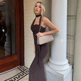 MQTIME  -  Women Gown Strapless Vestidos Brown Halter Off-shoulder Sexy Maxi Dress Sleeveless Backless Folds Club Party Long Dresses