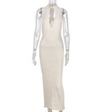 MQTIME  - Women Sexy Knitted Lace Up Halter Backless Bodycon Long Club Party Dress