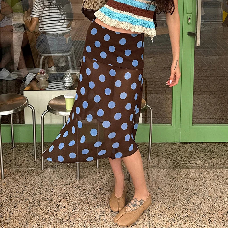 MQTIME  -  2025 Women Color Contrasting Dot Print Irregular Skirt Vacation Style Slimming Wrapped Hip Mesh Half Skirt All-match Outfit