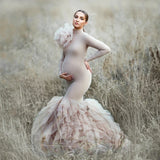Mqtime Elegant Spandex Mermaid Maternity Dresses for Pregnant Woman Tiered Tulle Bottom Maternity Gowns Babyshower Dress Photoshoot