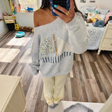 MQTIME  -  25 Autumn New Collection of European and American Women's Ocean Sailboat Patchwork Slant Shoulder One Shoulder Two Wear Hoodie