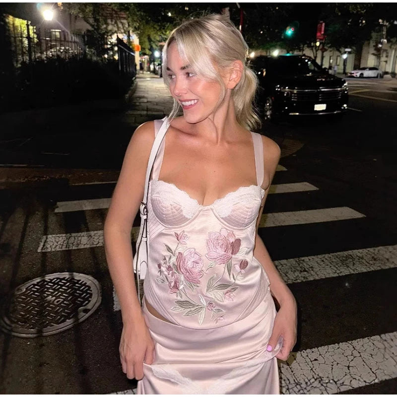 MQTIME  -   Sexy Flower Embroidery Tube Top Women Fashion Sleeveless Backless Lace Up Slim Sling Tops Female 2025 Summer Beach Lady Vest