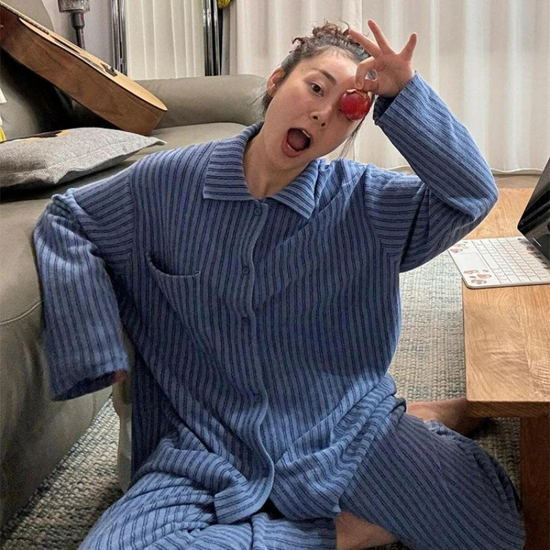 MQTIME  -  Ins Korean Simple Striped Pajamas Women's Autumn and Winter New Loungewear Large Size Suit Can Be Worn Outside Comfortable
