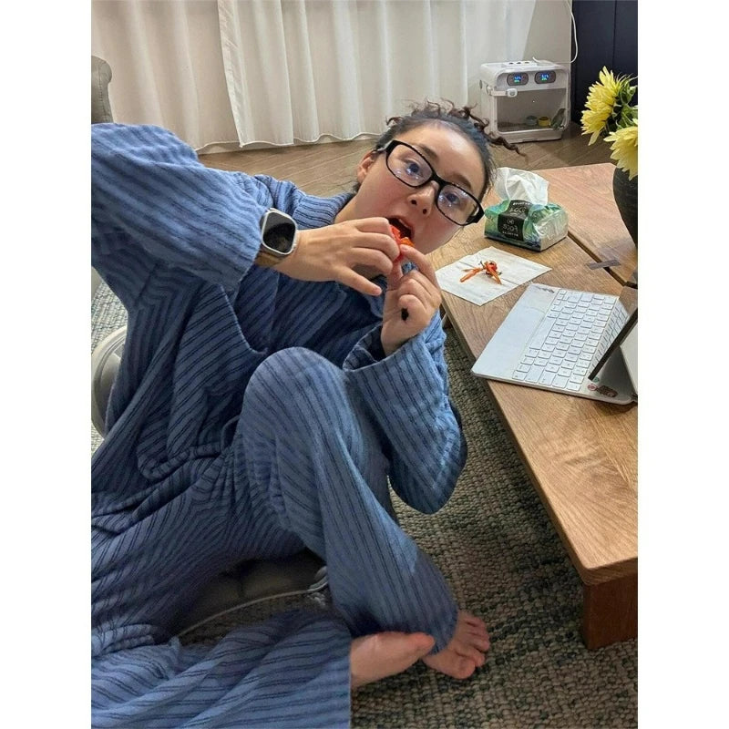MQTIME  -  Ins Korean Simple Striped Pajamas Women's Autumn and Winter New Loungewear Large Size Suit Can Be Worn Outside Comfortable