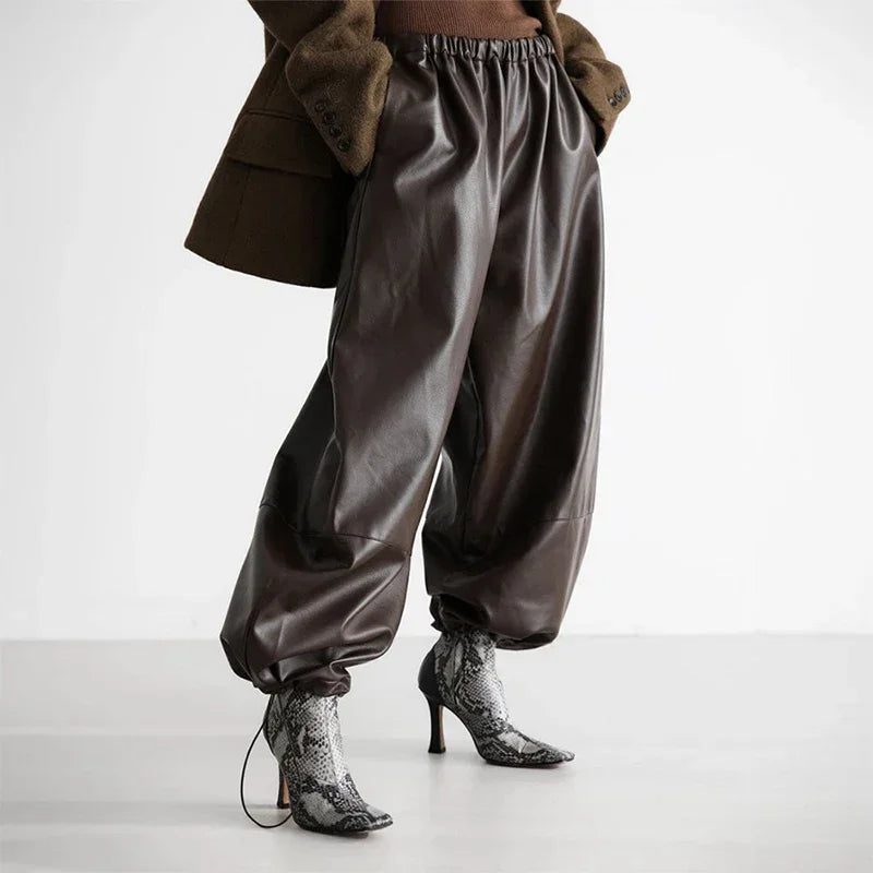 MQTIME  -  Fashion Women's Black High Waist Wide Leg PU Leather Pants Elastic Waist Pockets 2025 Autumn Winter Female High Street Outerwear