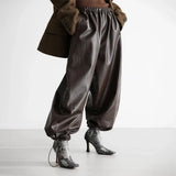 MQTIME  -  Fashion Women's Black High Waist Wide Leg PU Leather Pants Elastic Waist Pockets 2025 Autumn Winter Female High Street Outerwear