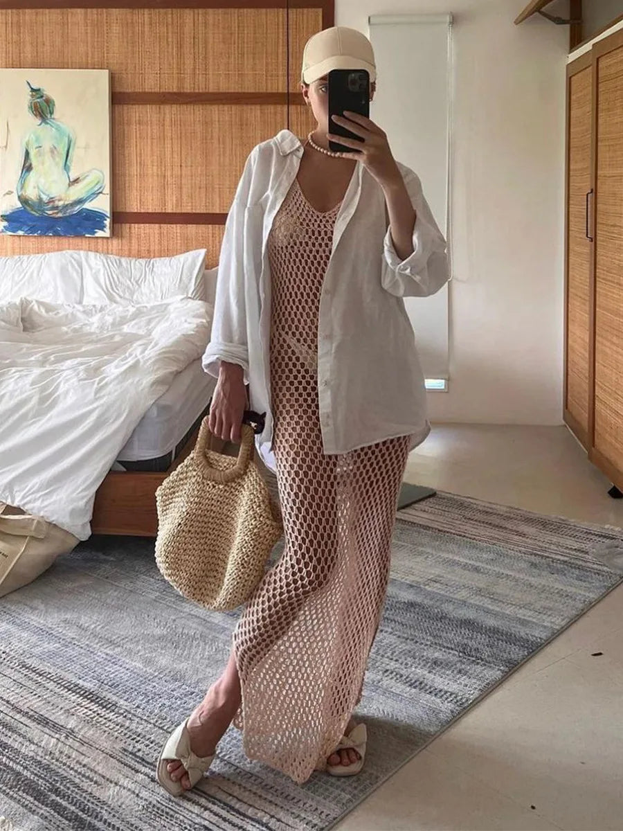 MQTIME  -  Women's Summer Knitted Deep V Neck Cover Ups Crochet Cutout Backless Split Dress Hollow Out Bikini Swimsuit Sundress