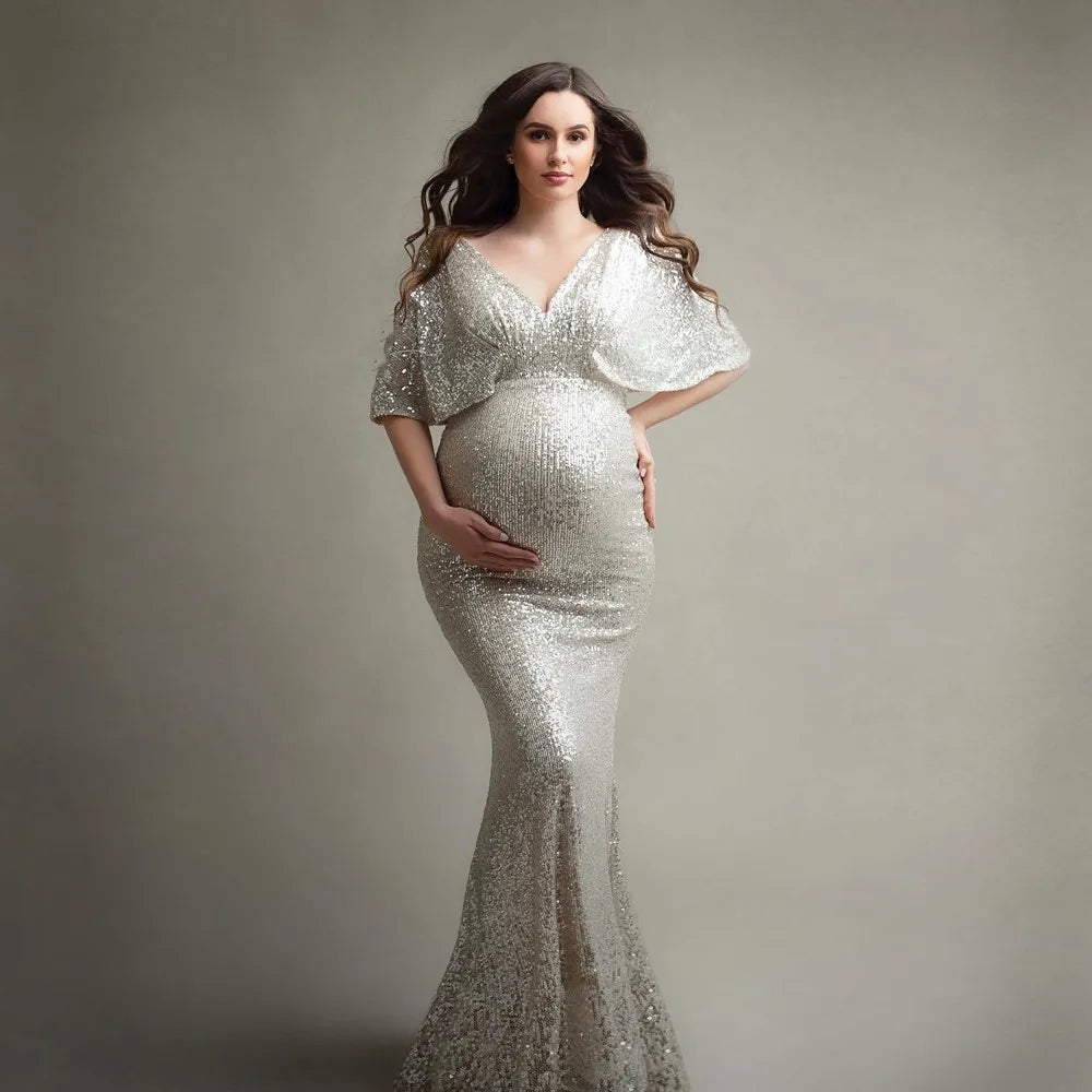 MQTIME  -  Sequins Maternity Photography Long Dresses Stretchy Pregnant Woman Party Dress For Photo Shoot