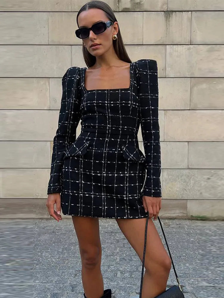 MQTIME  -  Tweed Plaid Elegant Long Sleeve Mini Dress Women Square Collar High Waist 2025 Autumn Casual Dresses Party Evening Lady Robe