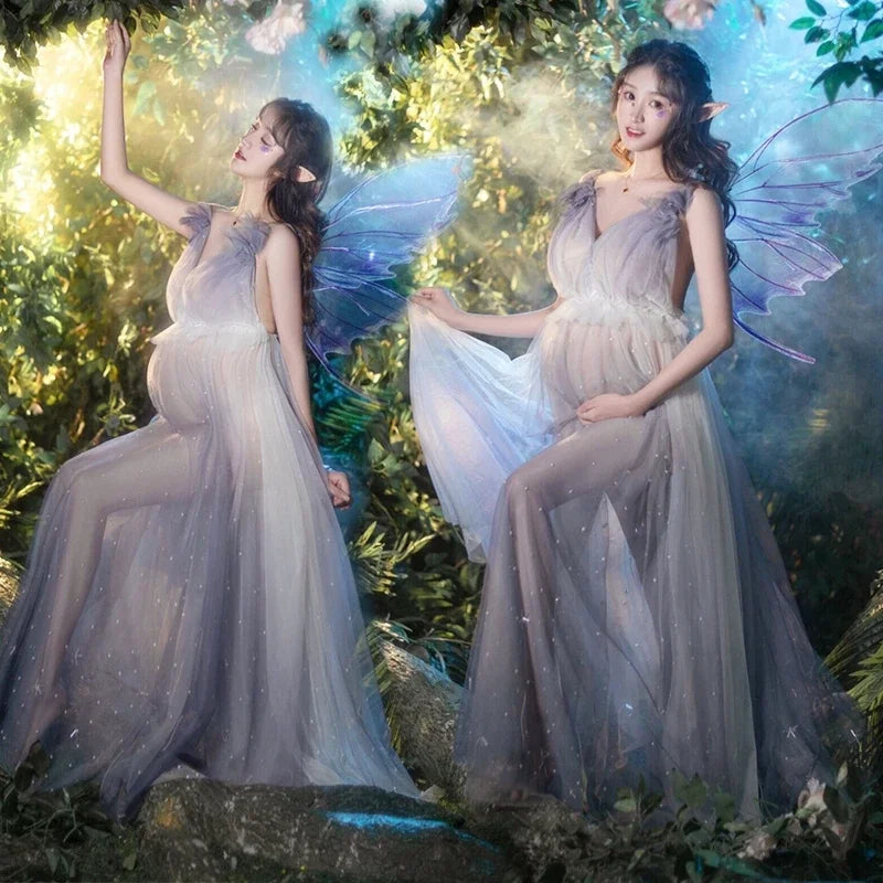 MQTIME  -   Women Photography Props Champange Mesh V-neck Fairy Elegant Maternity Dresses Perspective Pregnancy Dress for Studio Shooting