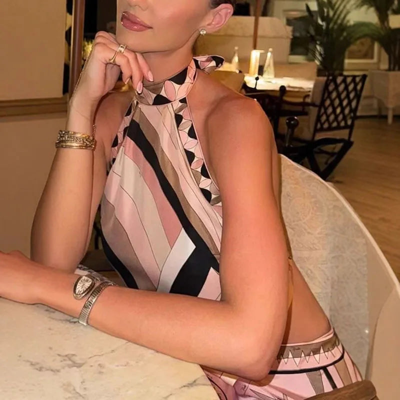 MQTIME  -   Spring Geometric Print Satin Outfits Woman Sexy Halter Lace-up Backless Top & Mini Skirt Sets Summer Hollow Irregular Suits