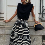 MQTIME  -  Spring Fall Casual Big Swing Party Skirt Fashion Striped Printed Half Skirt For Women Elegant Hight Waist Draped Bohe Long Skirt