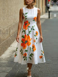 MQTIME  -   Floral Printed Sleeveless A-line Dress for Women Summer Simple Elegant Vacation Dress Stylish Party Dresses