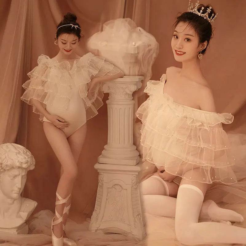 MQTIME  -   Sexy Shoulderless Bodysuit Rulles Tulle Pregnancy Dress White Maternity Photography Dresses for Photo Shoot Prop Accessories