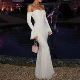 MQTIME  -  Fashion Mesh Lace Embroidery Long Dress Elegant One Shoulder Slim Fishtail Dress Women Casual Flared Sleeve Solid Evening Dress