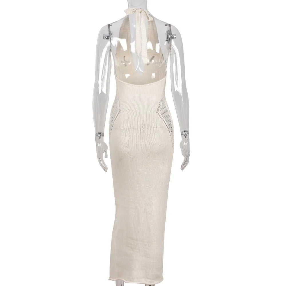MQTIME  - Women Sexy Knitted Lace Up Halter Backless Bodycon Long Club Party Dress
