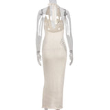 MQTIME  - Women Sexy Knitted Lace Up Halter Backless Bodycon Long Club Party Dress