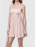 MQTIME  -  Elegant Women s Strapless Dress with Matching Scarf - Stylish Off Shoulder Solid Color Tube Top Mini Dress for Summer