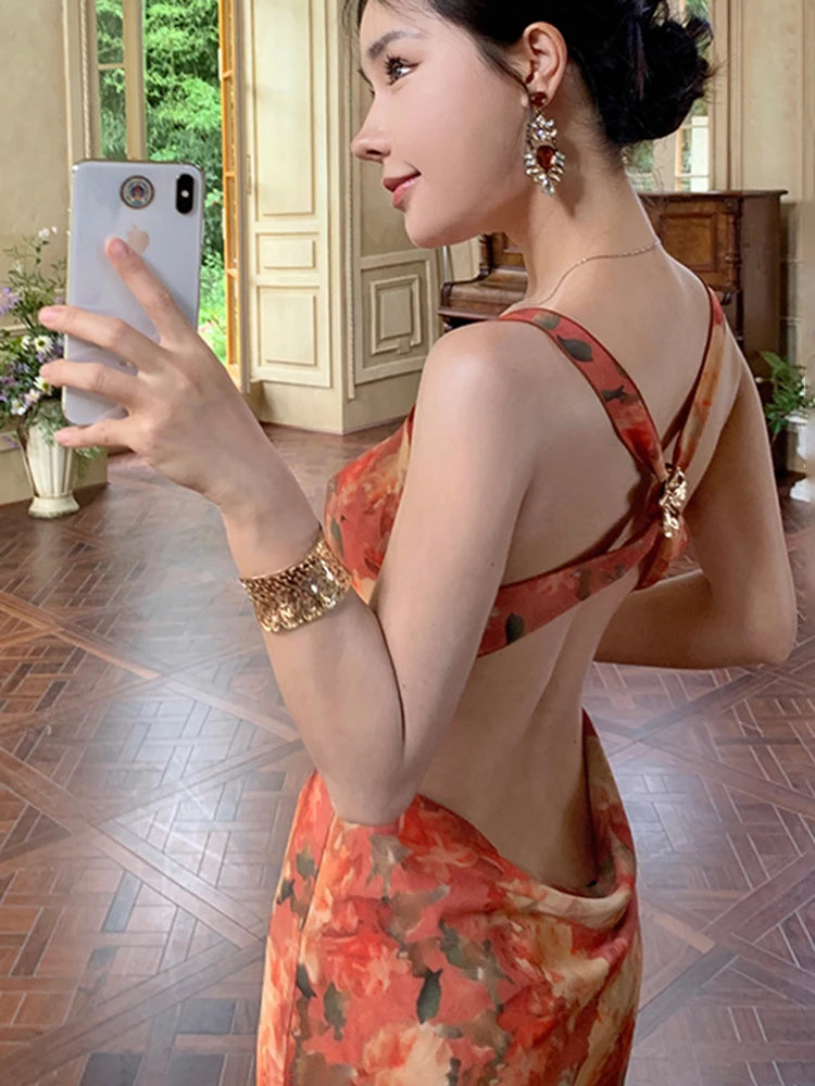 MQTIME  -   Retro Floral Women Mini Dress Summer Beach Backless Camisole Sexy Dress High Waist A Line Vacation Casual Fashion Sweet Dress