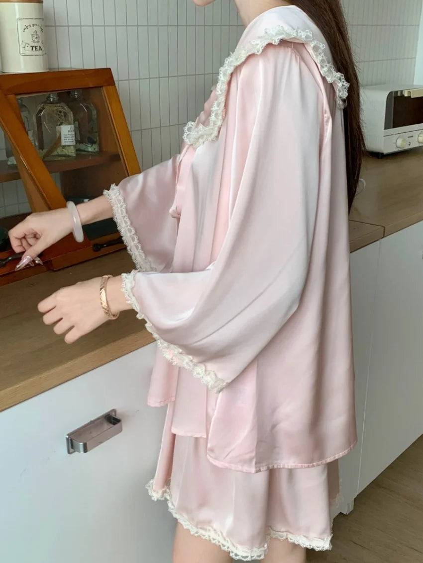 MQTIME  -  Women Sweet Solid Pajamas Sets Chic Loose New Summer 2025 Wide Leg Shorts Comfortable Home Wear Minimalist Suits