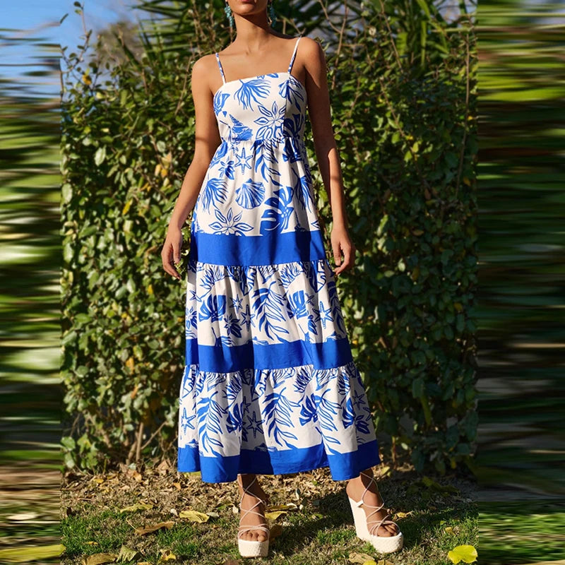 MQTIME  -  Vintage Plant Printed Spaghetti Strap Long Dress Casual Off Shoulder Sleeveless Vacation Dress Women New Summer Big Hem Dresses