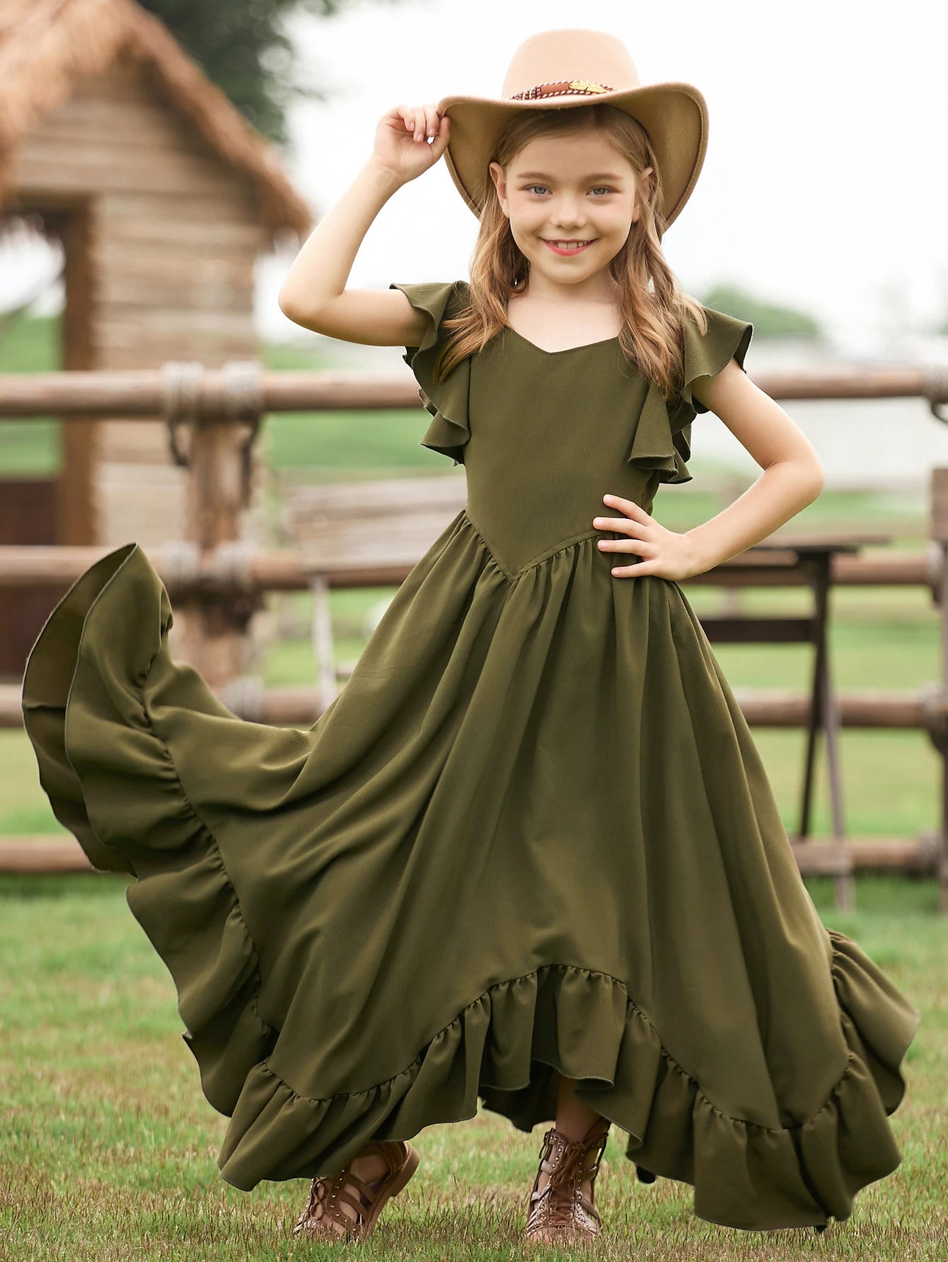 MQTIME  -  New Christmas Style Solid Color Ruffle Edge Irregular Skirt Lace Fly Sleeves Fashionable V-Neck Dress for Teenage Girls