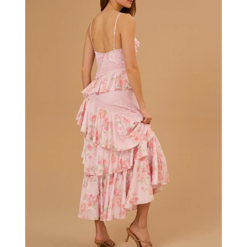 MQTIME  -  Women Floral Print Lace Patchwork Sleeveless V-Neck Backless Irregular Tiered Ruffle Layered A Line Long Slip Dress