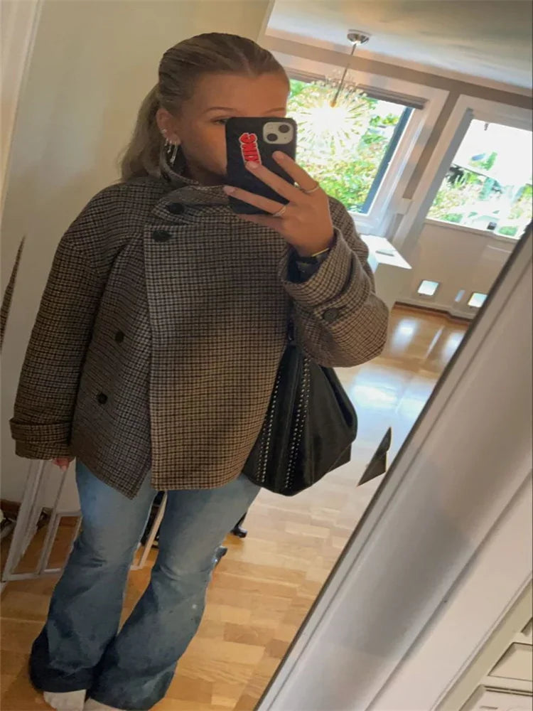 MQTIME  -  Women's Brown Plaid Print Stand Collar Asymmetric Button Front Jacket With Long Sleeves Casual Outerwear 2025 Autumn Lady Coat