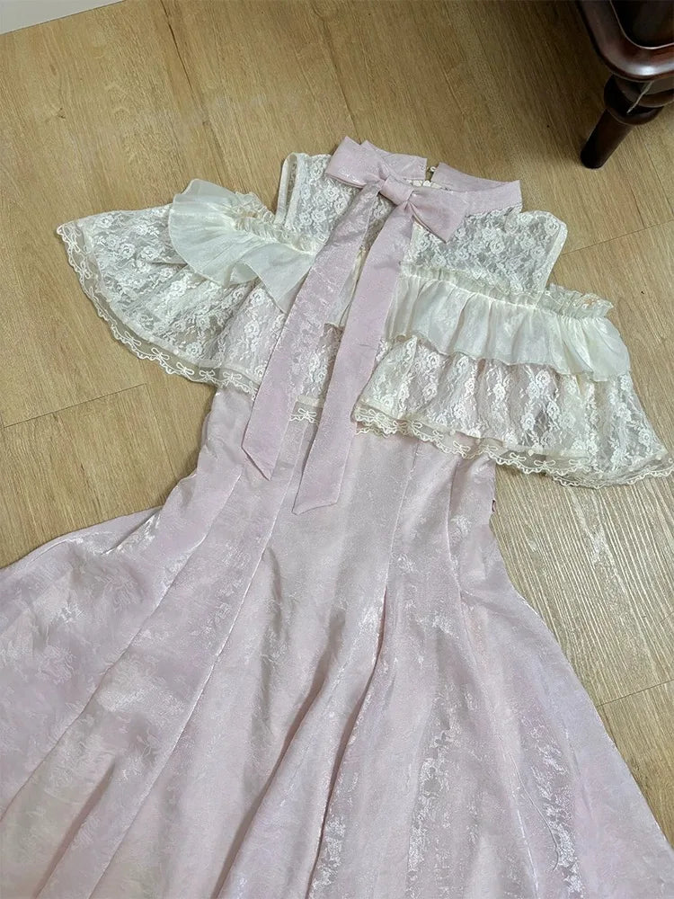 MQTIME  -  Sweet Japanese Pink Fairy Long Dresses Woman French Elegant Lace Patchwork Summer Dress Aesthetic Design Y2k Party Outfits