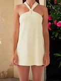MQTIME  -  Elegant Floral Print Halter Neck Backless Dress Women s Summer Sleeveless Casual Mini Dress Solid Color Fashion