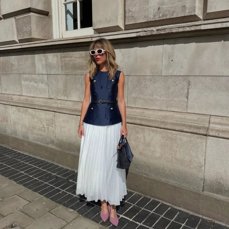 MQTIME  -  Casual Patchwork Pleated Dress Women Office Sashes O-neck Sleeveless Button Dresses Female 2025 Summer Fall Evening Robes Lady