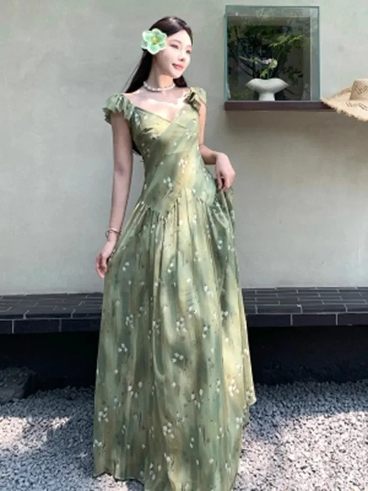 MQTIME  -   Floral Flying Sleeve Chiffon Dress Women French Summer Beach V Neck Sexy Long Dress Casual Fashion Vacation Elegant Simple Dress