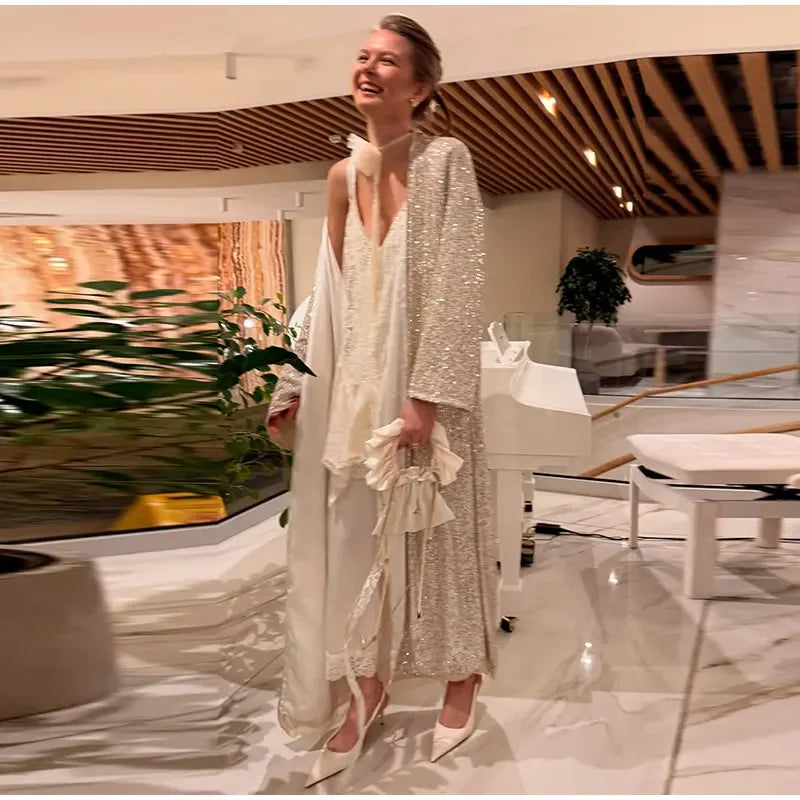 MQTIME  -   Elegant Sequin Women's Cardigan Chic Full Sleeve Oversize Long Jackets Female 2025 Autumn Fashion New Lady High Street Outwears