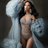 MQTIME  -  Sparkly Silver Rhinestones Bodysuit Maternity Photography Props Dress See Through Pearls Fringes Leotard Photo Shoot Pregnant