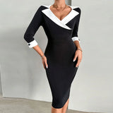 MQTIME  -  Casual Half Sleeve Wrap Hip Dress Office Elegant Commuter Summer Midi Dress Women Fashion Color Blocking Slim Fit Party Dress