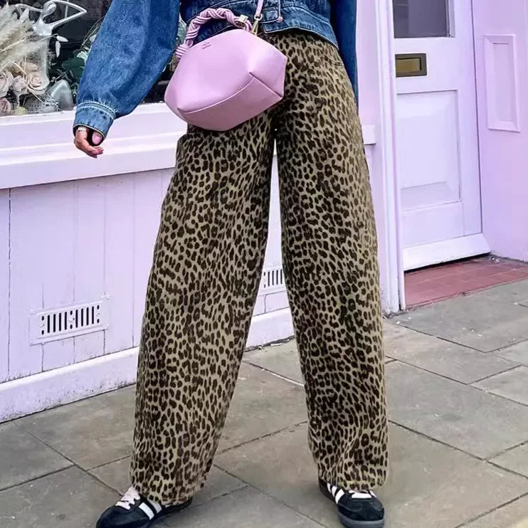 MQTIME  -  Women's Leopard Print High-Waisted Trousers - Button-Fly Wide Leg Pants with Belt Loops, Retro Fall Winter Street Style