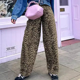 MQTIME  -  Women's Leopard Print High-Waisted Trousers - Button-Fly Wide Leg Pants with Belt Loops, Retro Fall Winter Street Style