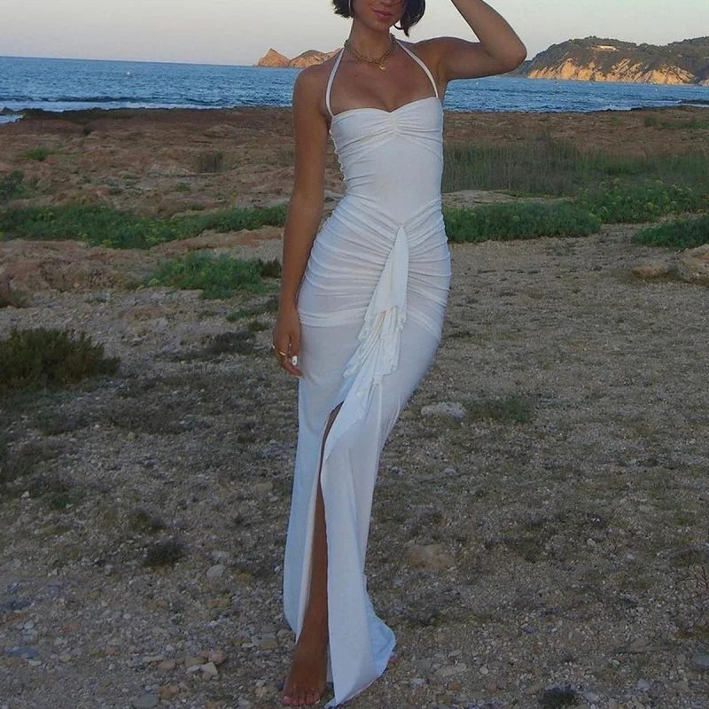 MQTIME  -  Halter Pleated Women's Prom Dress Backless Sleeveless Bandage Gown White Close Fitting Party Skirt Spicy New Arrival In Stock