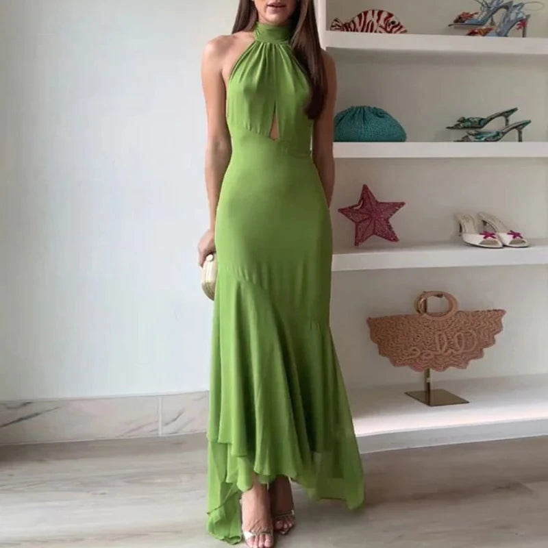 MQTIME  -  Sexy Hanging Neck Solid Evening Dress Summer Fashion Sleeveless Birthday Long Dress Elegant Draped Lace-Up Party Women Dresses