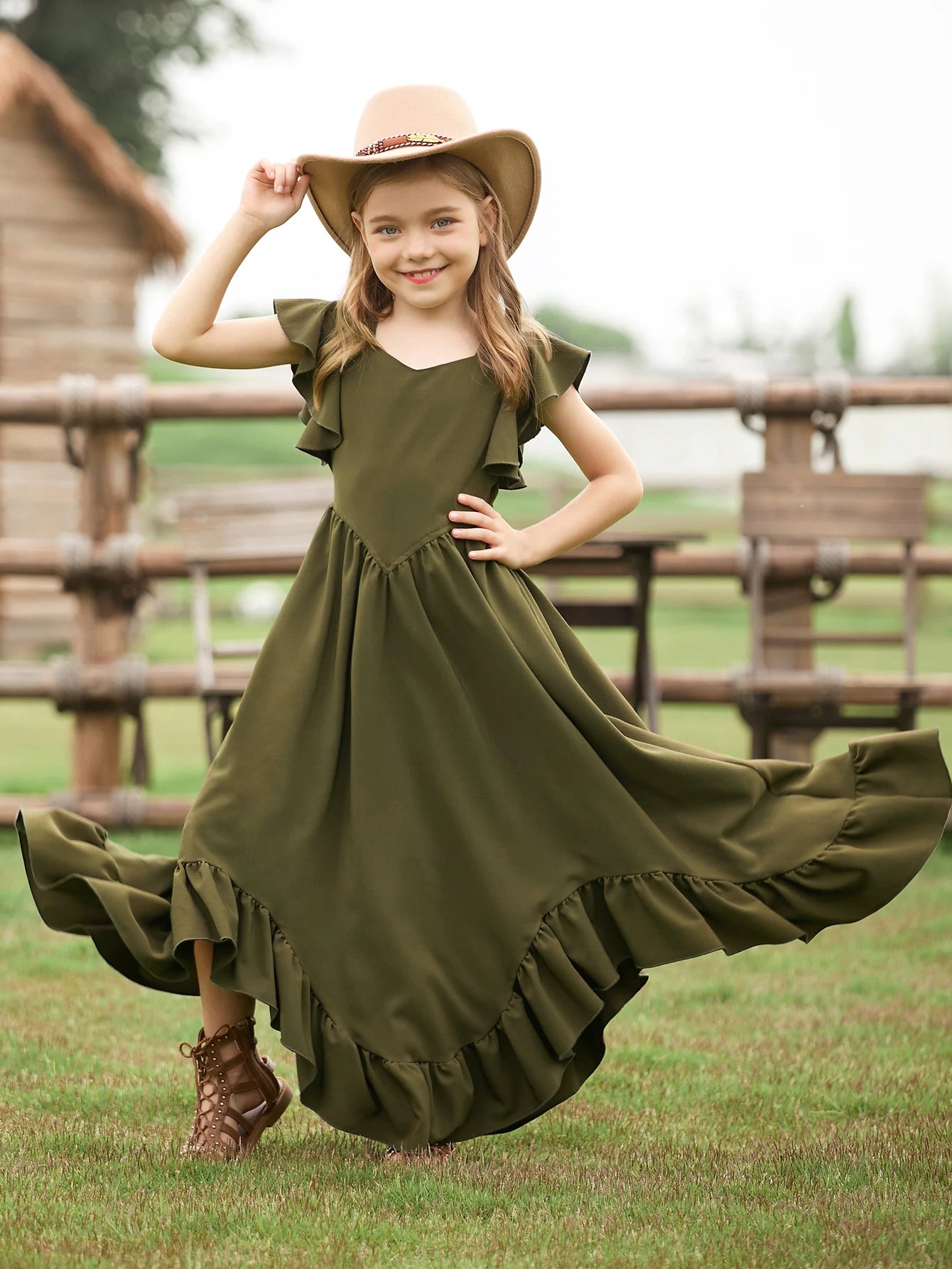 MQTIME  -  New Christmas Style Solid Color Ruffle Edge Irregular Skirt Lace Fly Sleeves Fashionable V-Neck Dress for Teenage Girls