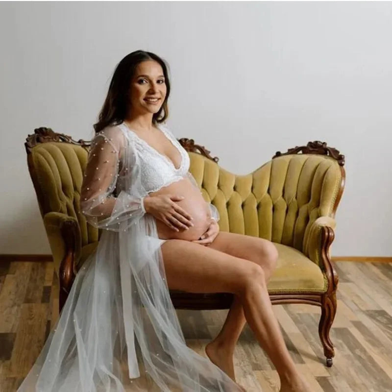 MQTIME  -  Pearl Tulle Maternity Dress Bridal Robe Maternity Photoshoot Boudoir  Long   Pregnancy Women Dresses