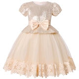 MQTIME  -  Girl Sequins Christmas Dress Lace Hem Kids Birthday Princess Clothing Toddler Infant Golden Bow Children Gowns For Holiday 2-10Y
